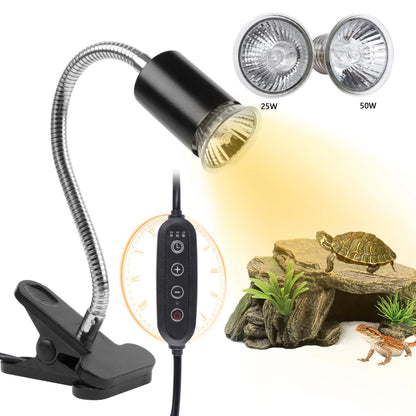 Double-Head Heat Lamp with Clamp: UVA/UVB Reptile Light & 2 Bulbs 25W+50W (Intelligent Cycle Timer)