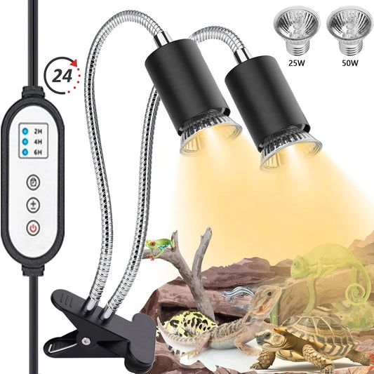 Double-Head Heat Lamp with Clamp: UVA/UVB Reptile Light & 2 Bulbs 25W+50W (Intelligent Cycle Timer)