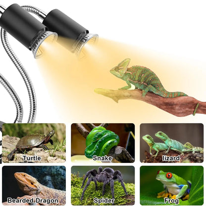 Double-Head Heat Lamp with Clamp: UVA/UVB Reptile Light & 2 Bulbs 25W+50W (Intelligent Cycle Timer)
