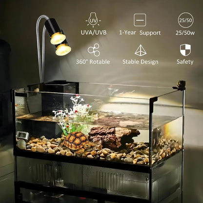 Double-Head Heat Lamp with Clamp: UVA/UVB Reptile Light & 2 Bulbs 25W+50W (Intelligent Cycle Timer)